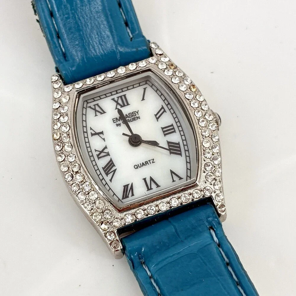 Embassy by Gruen Rhinestone Tonneau Watch Teal Leather Roman (X9)